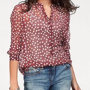 Burgundy Heart Print Semi Sheer Blouse
